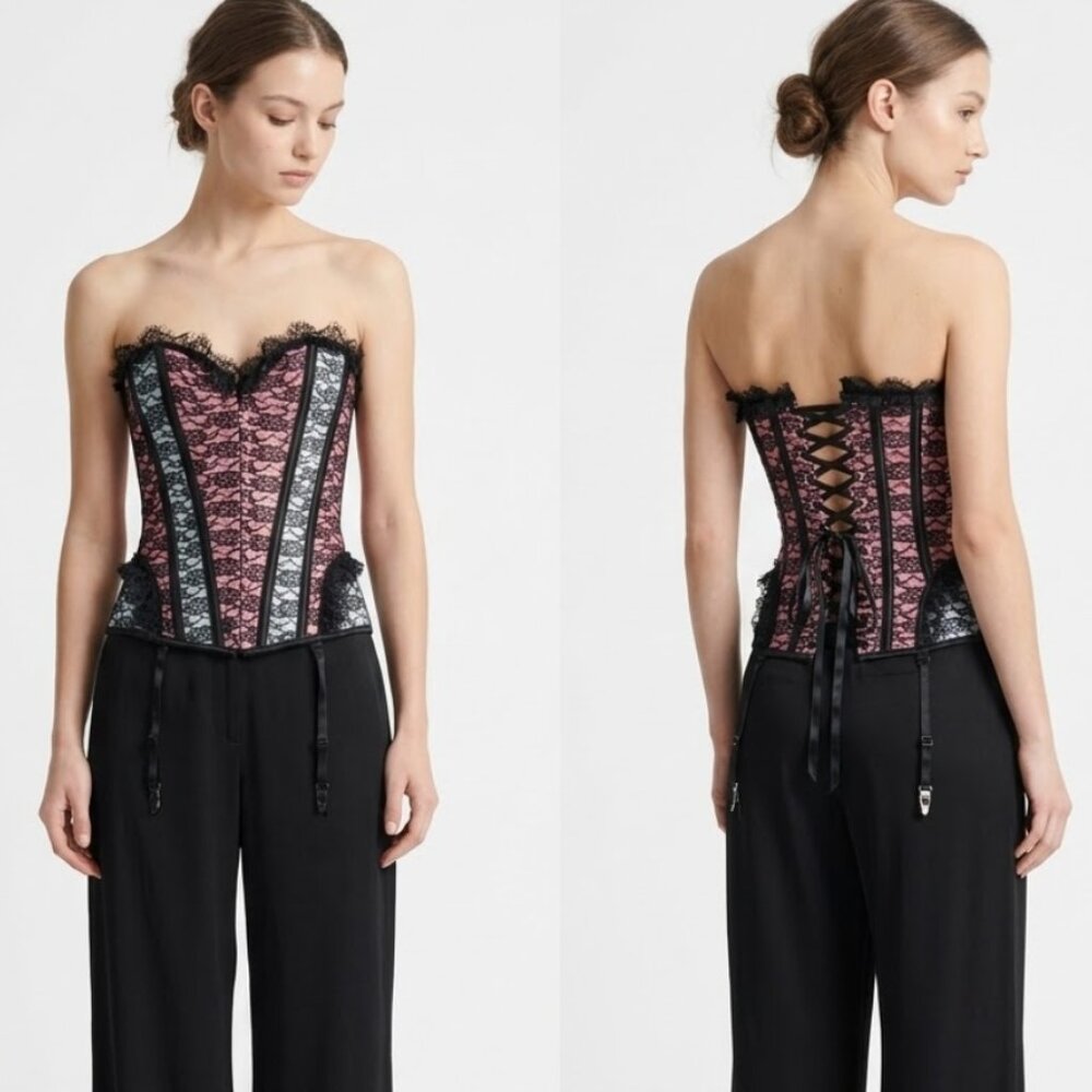 Adore Me Corset Black Pink Lace Ribcage Lace Up Whimsigoth S